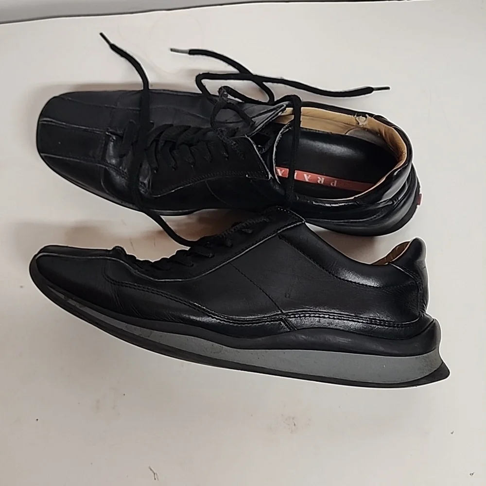 Prada black square toe lace up mens leather sneakers.  Made in Italy.  Quality. - Picture 11 of 12